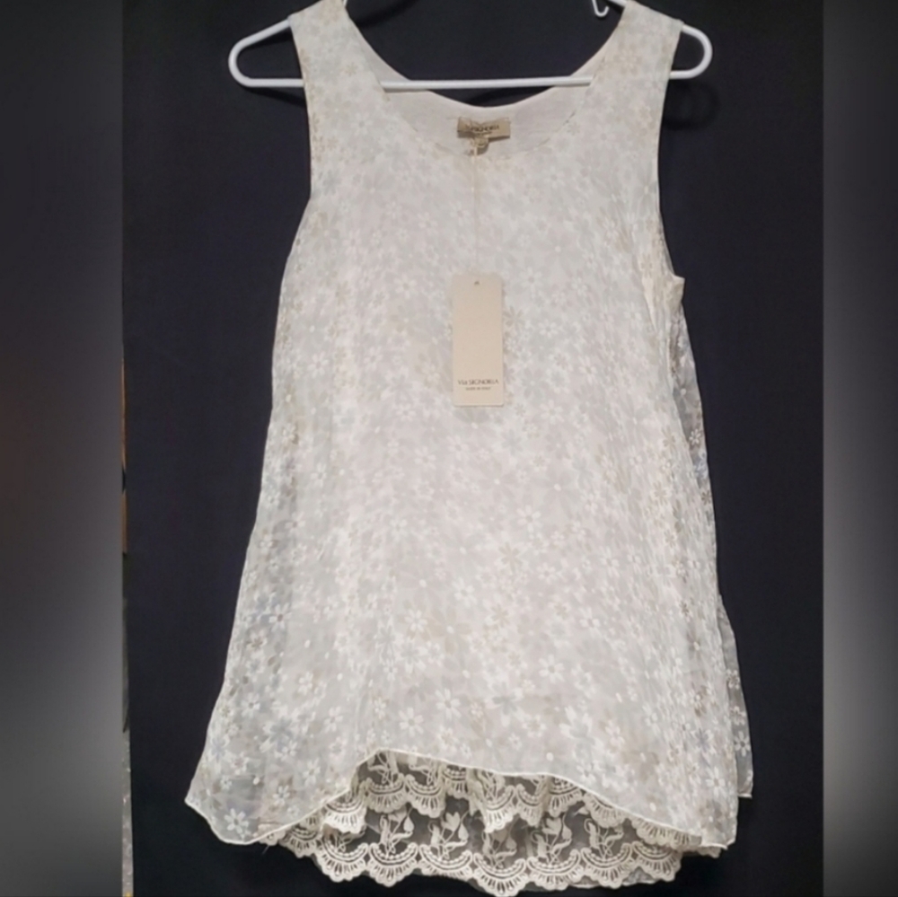 Via Signoria Italy Silk Ivory/Blue Floral Layered Sleeveless Top Wmn's Size M